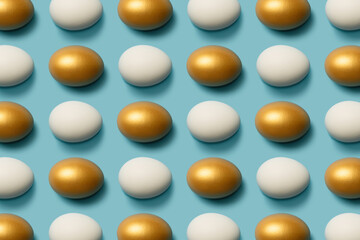 Pattern with white and golden eggs on blue background. Abstract background.