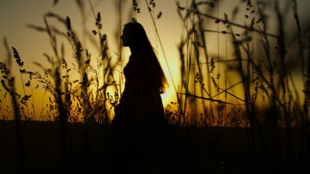 Silhouette of joyful relaxed woman in summer dress enjoying leisure in summer nature, spinning around on meadow in evening glow during vacations in countryside, being carefree and free.