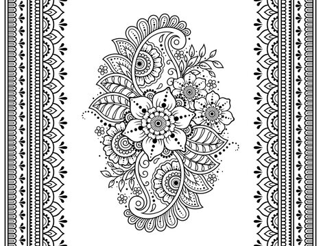 Seamless pattern of mehndi flower and border for Henna drawing and tattoo. Decorative doodle ornament in ethnic oriental, Indian style. Outline hand draw vector illustration.