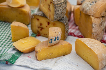 Pieces of craft cheese on the counter at the fair on a sunny day Kiev Ukraine