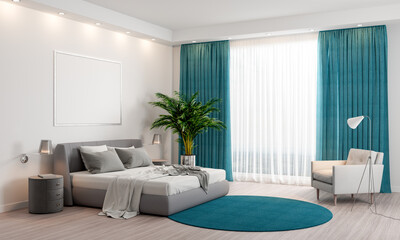 Modern bedroom interior design with blue curtains and blue carpet 3d Render 3d illustration