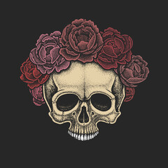 Dotwork styled skull with wreath of peonies . Hand drawn illustration. T-shirt design.