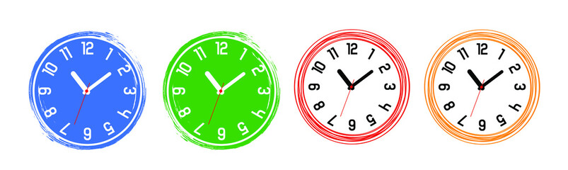 Colorful round wall clocks set.