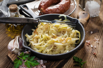 Fried onion in a cast iron skillet.