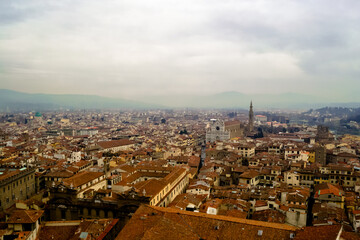 Florence, Italy. A birds eye view of the city landscape toward the church of Santa Croce shot from the Arnolfo's tower in the Palazzo Vecchio