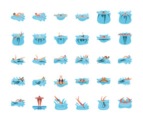 Fototapeta premium set of icons with people in swimming