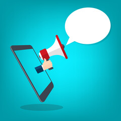 Hand holding megaphone. Smartphone screen and speech bubble background. Vector illustration