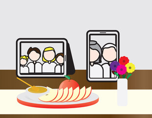 Jewish Holiday Rosh Hashanah Online Meal Table, Tablet and Smartphone with People On The Table