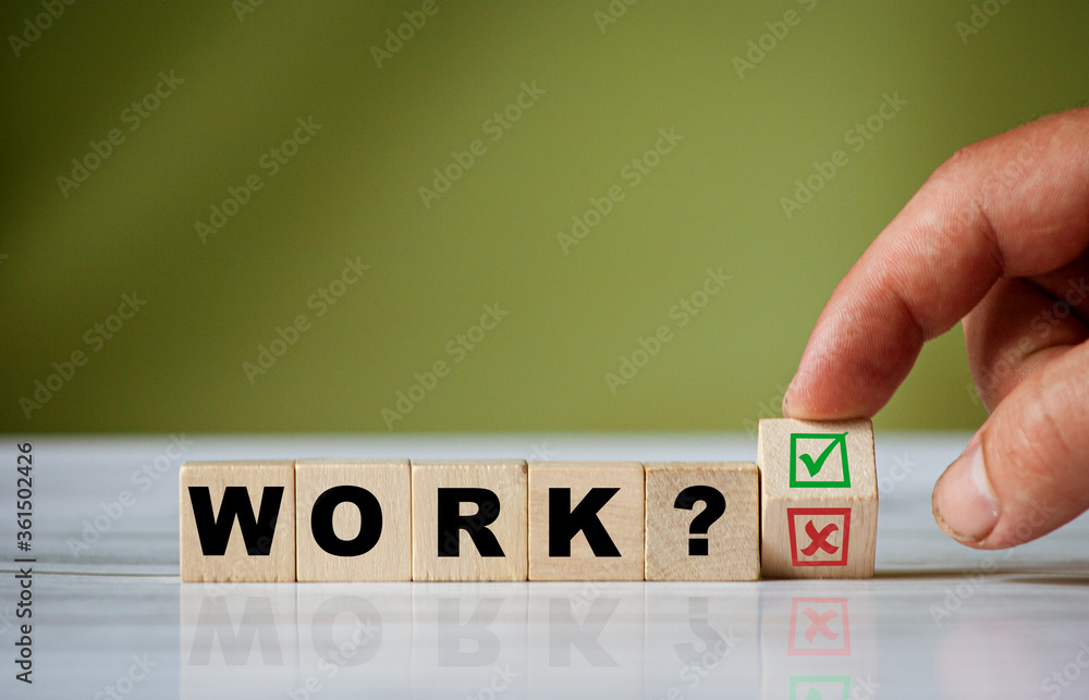 Poster the hand turns the wooden cube and changes the word ask work with green positive tick check box and 