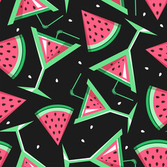 Obraz premium Seamless pattern with watermelon slices and cocktails. Vector illustration. Watermelon summer background