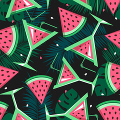 Seamless pattern with watermelon slices, cocktails and tropic leaves. Vector illustration. Watermelon summer background