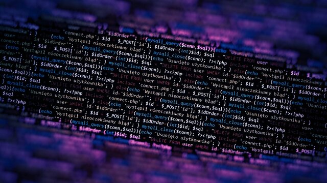 Violet dark unique background. Programming language on laptop computer screen. Program code PHP HTML JavaScript of site. Computer code on laptop (web developing). Template of website, selective focus.
