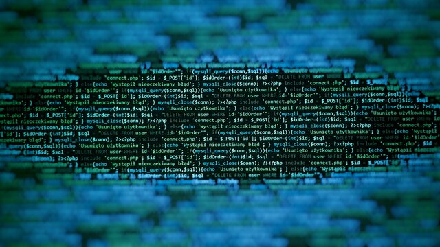 Blue green unique background. Programming language on laptop computer screen. Program code PHP HTML JavaScript of site. Computer code on laptop (web developing). Template of website, selective focus.