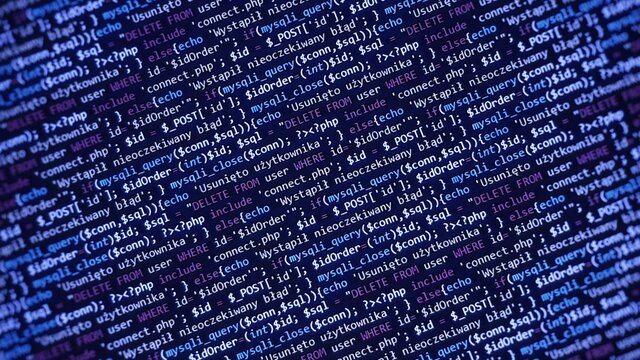 Blue unique background. Programming language on laptop computer screen. Program code PHP HTML JavaScript of site. Computer code on laptop (web developing). Template of website, selective focus.