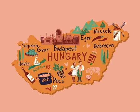 Decorative tourist map of Hungary with cities, sights, architecture. Symbols of a European country for travel guides, Souvenirs, and travel websites. Print on fabric, promo. Flat Vector illustration.