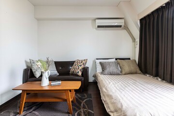 Single bed and sofa in the corner of the living room in a small apartment