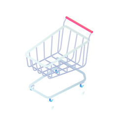 Empty supermarket shopping trolley cart isometric Icon. 3d basket on wheels sign isolated on white background. Vector illustration For Web site, Mobile, apps, social media.