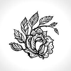 Rose branch tattoo. Black ink hand drawn sketch of a blooming rose for a tattoo. Vector old school style pattern.
