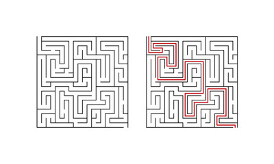 Labyrinth maze game for children. Difficult puzzle with solution. Vector illustration.