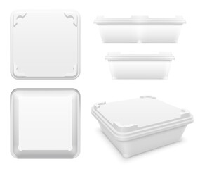 Vector square plastic container with motionless locking system. Set of various views. Packaging mockup illustration.