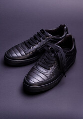 Fashionable genuine leather sneakers on a black background. Fashionable footwear.