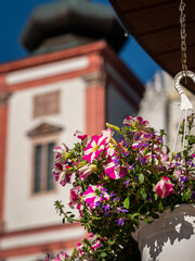 Flowers in front of Basilica of the Birth of the Virgin Mary in Mariazell