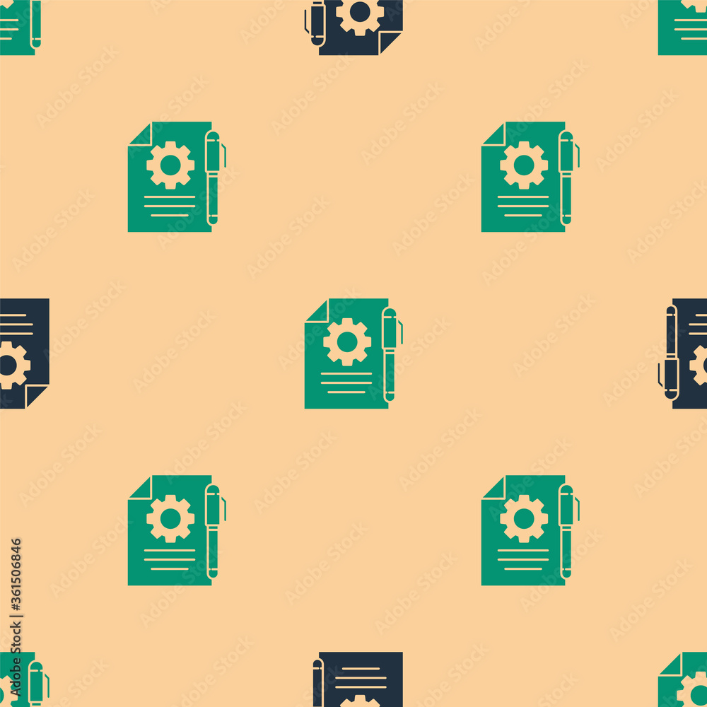 Poster green and black document settings with gears icon isolated seamless pattern on beige background. sof