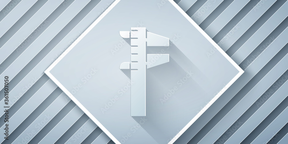 Poster paper cut calliper or caliper and scale icon isolated on grey background. precision measuring tools.