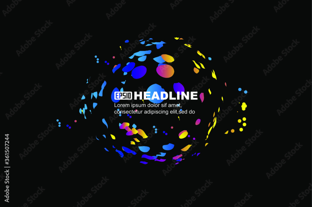 Poster abstract graphic texture background with colorful particles and expanding sphere.