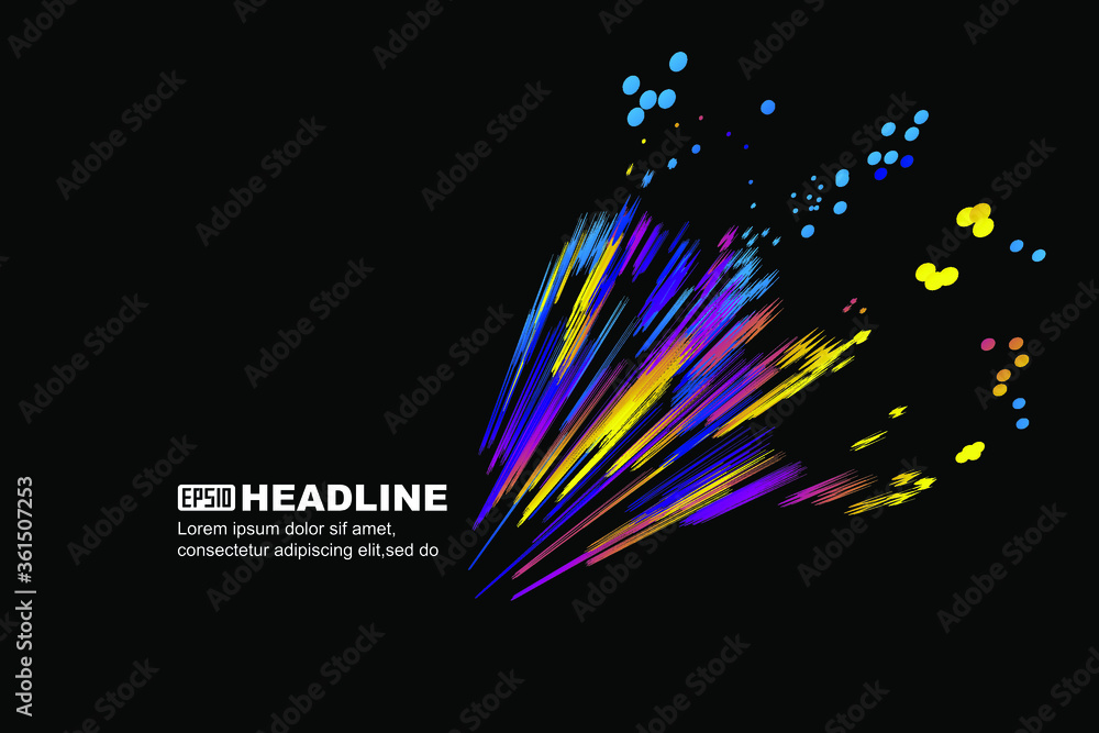 Poster abstract graphic texture background with colorful particles and rays.