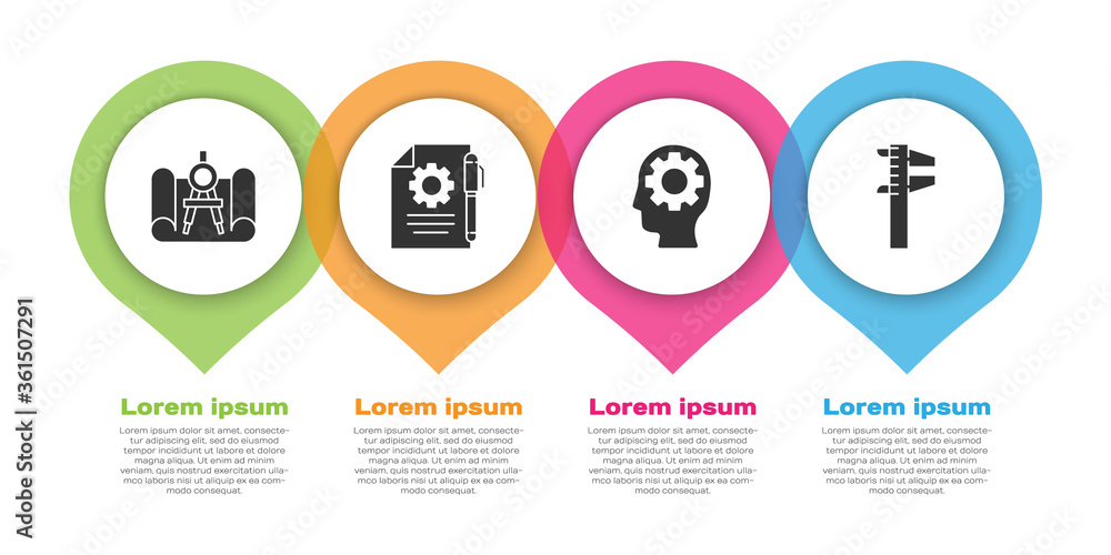Poster set graphing paper and compass, document settings and pen, human head with gear inside and calliper 