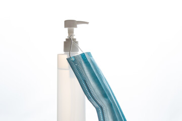 Gel canister and blue medical mask with backlight