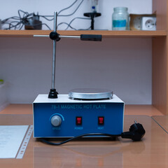 Heated magnetic stirrer. Magnetic stirrer with preheating is used in medical laboratories for mixing components under the influence of magnets.