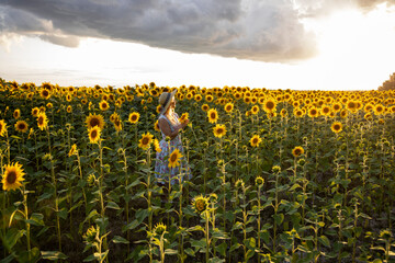 Obraz premium Girl holds a sunflower in her hands. Beautiful woman in a field with sunflowers.