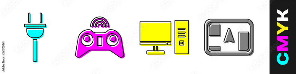 Poster set electric plug, wireless gamepad, computer monitor and gps device with map icon. vector.