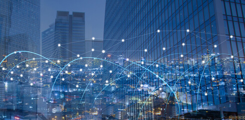 Abstract network with city background, connection, communication concept