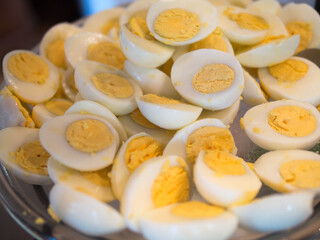 Portrait of hard boiled eggs stacked together