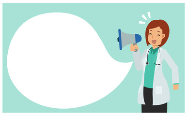 Vector flat cartoon character of woman doctor take microphone to announce.Doctor holding megaphone.