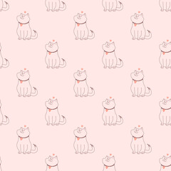 Template. Cute and funny cat with a heart and a striped tail. Seamless pattern with burgundy contour on a pink background. The concept of home, interior, design. Vector 