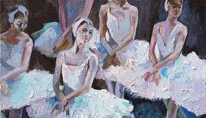 Young ballerinas in lush white tutus are dancing during the performance on stage. Oil painting on canvas.                        © Mariia