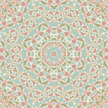 Creative color abstract geometric mandala pattern in pink, blue and gold, vector seamless, can be used for printing onto fabric, interior, design, textile,pillow,carpet.