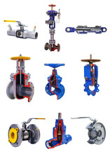nine modern shut-off valves with automatic and manual control for a gas pipeline isolated on a white background. Lengthwise cut