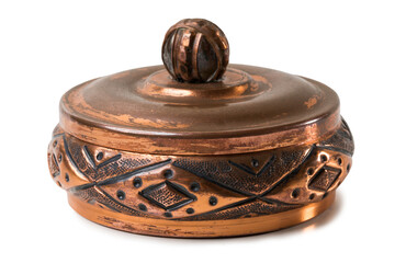 Antique copper sugar bowl, isolated on white background