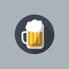 cool Beer mug or beer glass with full foam icon & symbol in a rounded circle. button sign for web. alcohol drink with shadow