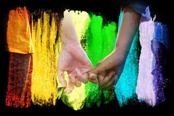 Close up couple women 's hands hook little finger together overlay with abstract painting rainbow color on black color background ,LGBT concept. 