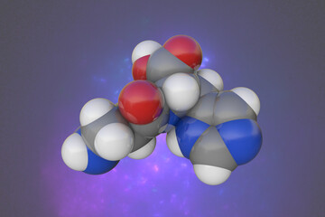 Molecular structure of carnosine, a dipeptide, consisting of alanine and histidine. It is a new active ingredients for food supplement, which is widely used in food and cosmetics. 3d illustration