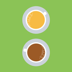 view above of one cup of coffee in a glass isolated icon vector cartoon & single cup of lemon tea with on a saucer & bubbles flat design style. good morning. two simple modern clean cup
