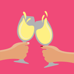 two hands clinking cheers with a flat design white wine glasses & splashing. Hand of a man & hand of a woman holding glasses of wine. couple in love clinking with wine enjoy and fun in valentines day