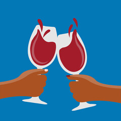 couple in love clinking with wine vector illustration in valentines day. two hands clinking cheers & flat design red wine glasses & splashing. Hand of a man & hand of a woman holding glasses of wine. 