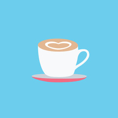 Top view modern clean of cool coffee cup ceramic with foam isolated icon vector illustration with Love shaped heart cream on a saucer flat design style